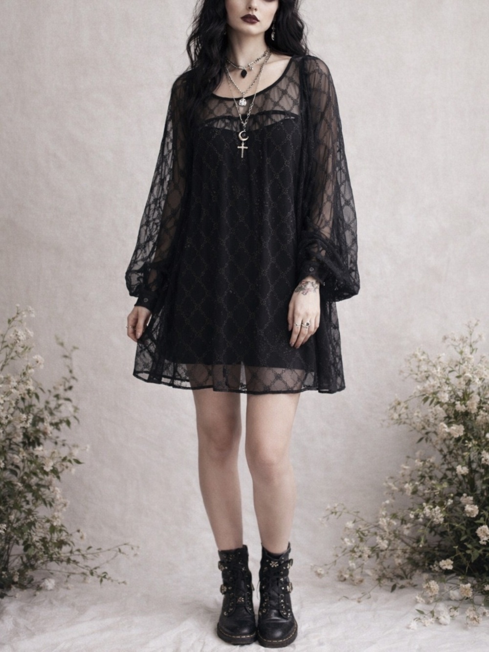 Vintage ABS Allen Schwartz Sheer Silk‎ Layering Shift Dress Whimsigoth Goth Mesh